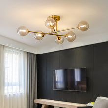 Carica l'immagine nel visualizzatore di Gallery, Lampadario in rame elettrolitico con 6 o 8 paralumi in vetro per illuminazione a soffitto
