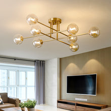 Carica l'immagine nel visualizzatore di Gallery, Lampadario in rame elettrolitico con 6 o 8 paralumi in vetro per illuminazione a soffitto
