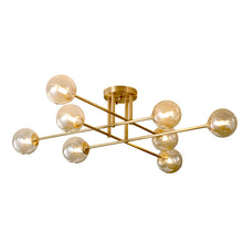 Carica l'immagine nel visualizzatore di Gallery, Lampadario in rame elettrolitico con 6 o 8 paralumi in vetro per illuminazione a soffitto
